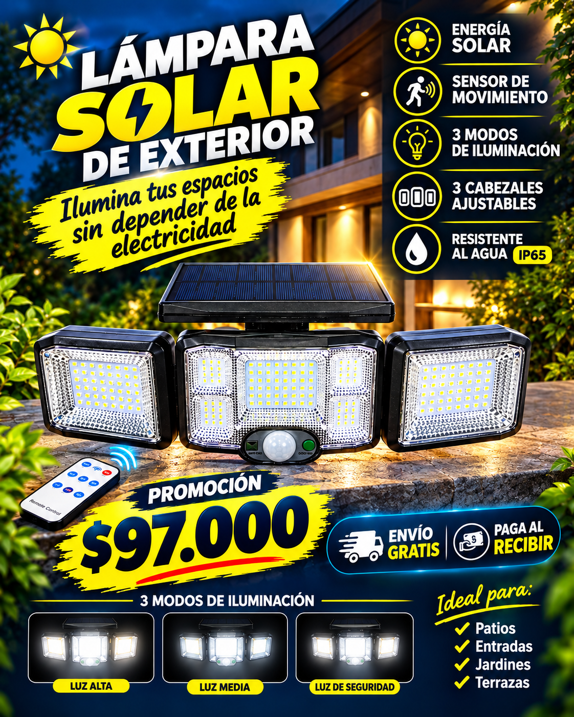 LAMPARA SOLAR CON 3 CABEZALES